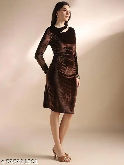 Globus Women Brown Round Neck Long Sleeves Cut-Out Detail Velvet Bodycon Party Dress