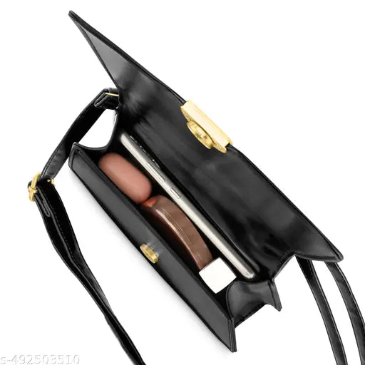 Fastrack Black PU Solid Satchel For Women with Gold Metal Chain and detachable sling strap