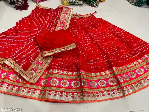 PK HUB Women's Jaipuri Crepe Lehenga Choli with Art Silk bandhej Dupatta Gota Patti Work