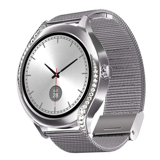 boAt Enigma Gem Women's Luxury Smart Watch w/ 1.19” (3.02cm) AMOLED Display, Emergency SOS Live Location Sharing, Watch Face Studio, QR Tray, BT Calling, 700+ Active Mode, HR & SpO2 (Metallic Silver) SaumyasStore