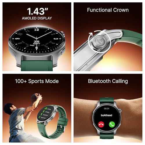 boAt New Launch Ultima Prime smartwatch with 1.43” AMOLED Display, Functional Crown, SOS, BT Calling, Notifications, IP68, Music & Camera Controls, 100+ Sports Modes, Watch Face Studio (Forest Green) SaumyasStore