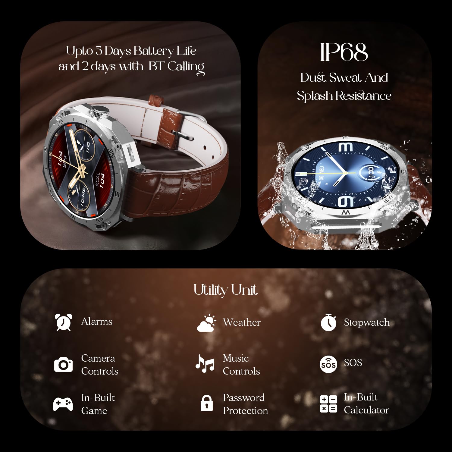 boAt Newly Launched Enigma Z20 Smart Watch with 1.51” HD Display, Luxurious Metal Body Design,Save upto 250 contacts,SOS, Password,Built-In games,Voice Assistant,HR&Sp02 Monitoring,IP68(Brown leather) 