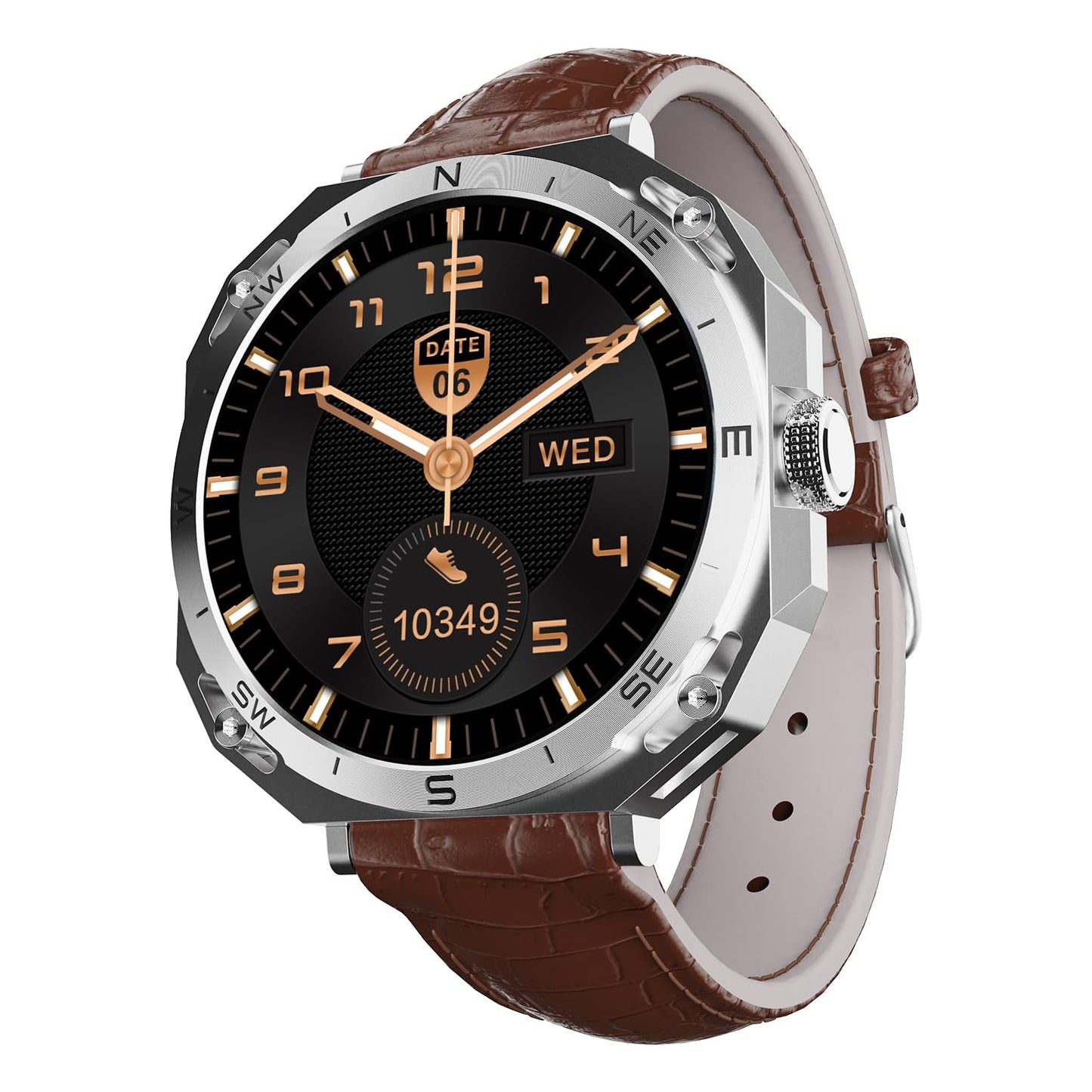 boAt Newly Launched Enigma Z20 Smart Watch with 1.51” HD Display, Luxurious Metal Body Design,Save upto 250 contacts,SOS, Password,Built-In games,Voice Assistant,HR&Sp02 Monitoring,IP68(Brown leather) 