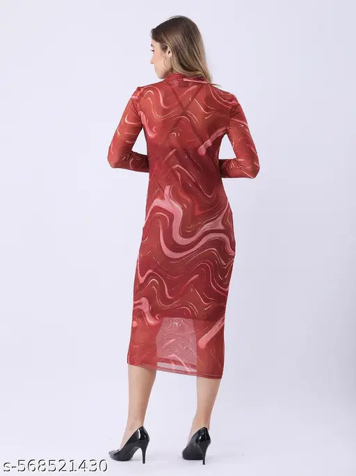 Women Abstract Printed Lycra Net Mock Neck Bodycon Midi Dress