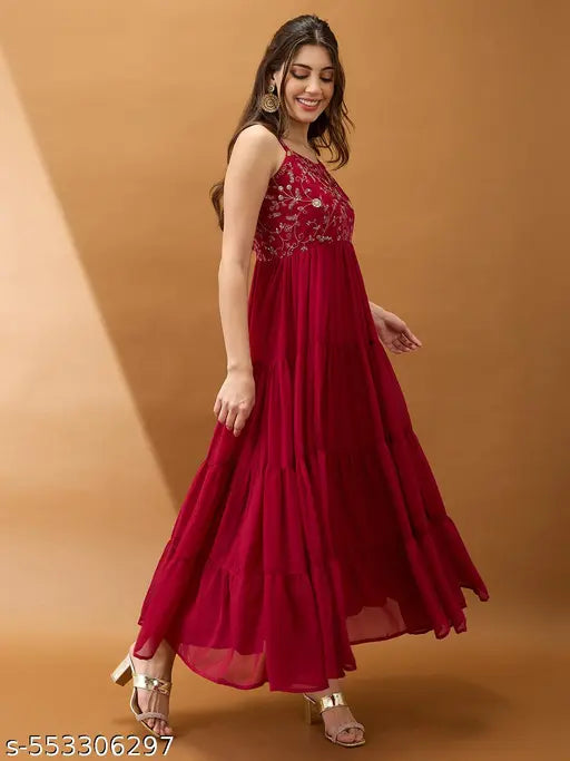 Globus Women Neck Strappy Shoulder Floral Embroidered Tiered Maxi Fit & Flare Festive Dress