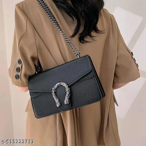 Black Front Lock Decor Chunky Chain Flap Slingbag Or Crossbody Bag For Women/Girls