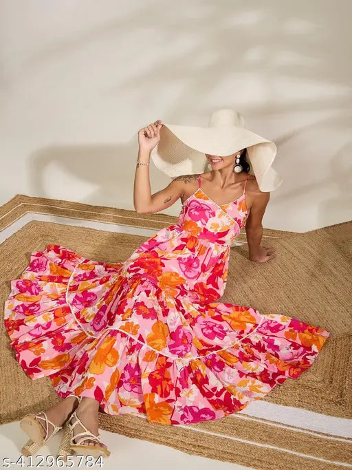 WineRed Women Pink Floral  Lace Tiered Dress