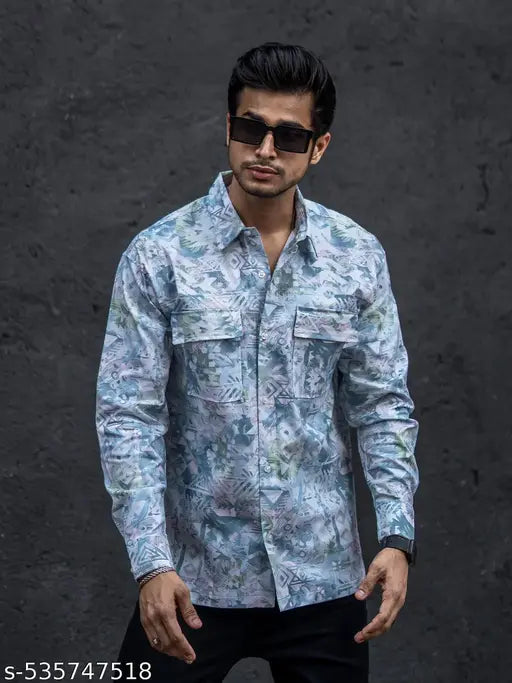 Mens All Over Printed Full Sleeve White and Blue Cotton Shirt
