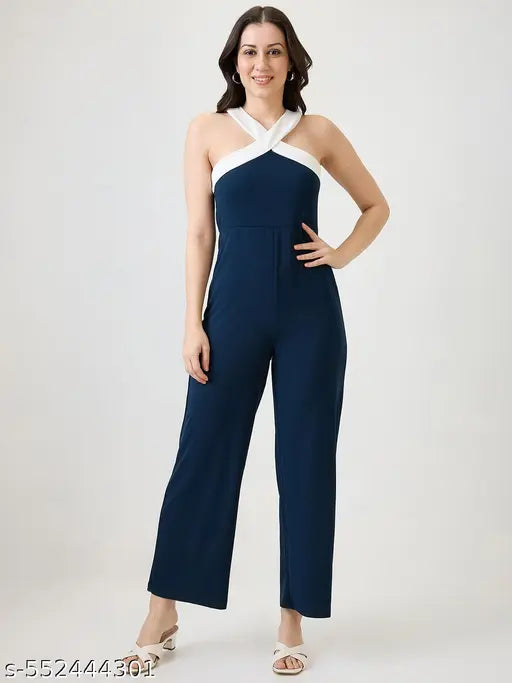 Globus Women Navy Blue Halter Back Neck Party Jumpsuit