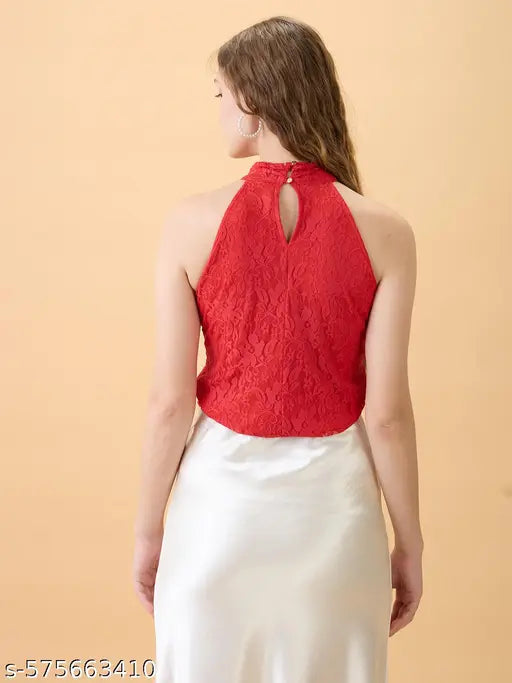 Globus Women Red Floral Lace Detail Self Design Halter Neck Sleeveless Party Top