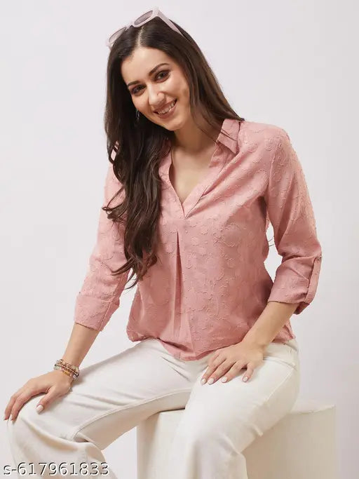 Globus Women Pink Collared V-neck Roll-up Sleeves Floral Self Design Shirt Style Top