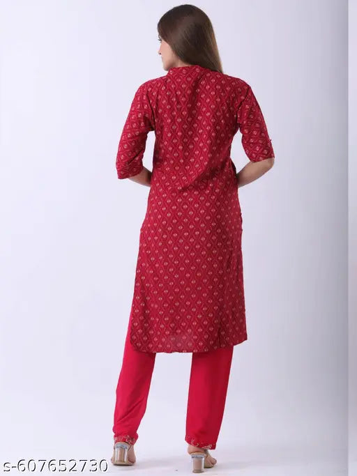 Women's Red Printed Kurta Set with Dupatta | Cotton Blend Straight Kurta & Pants for Daily Wear, Office & Festive