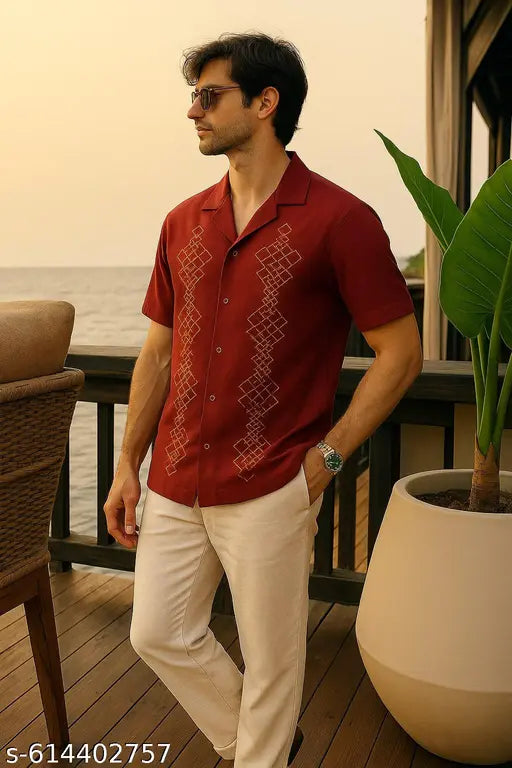 FTX Men Embroidered Polyester Lapel Collar Shirt