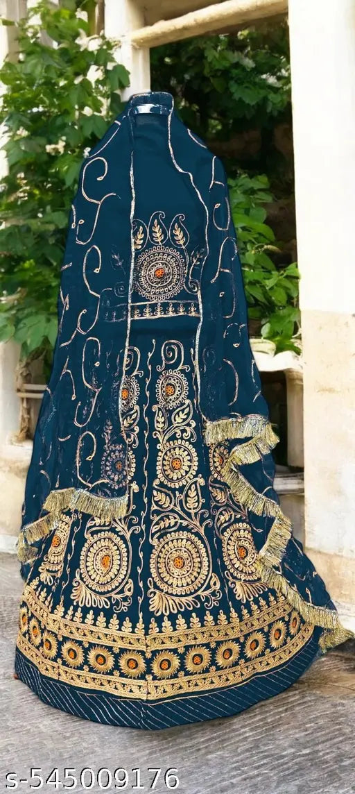 Embroidered Semi Stitched Rajasthani Poshak  (Blue)