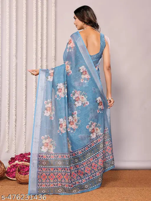 Janasya Women's Blue Cotton Linen Floral Printed Daily Wear Saree with Blouse Piece