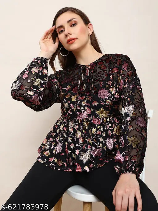 Globus Women Black Floral Self Design Tie-Up Neck Bishop Sleeves Peplum Party Top