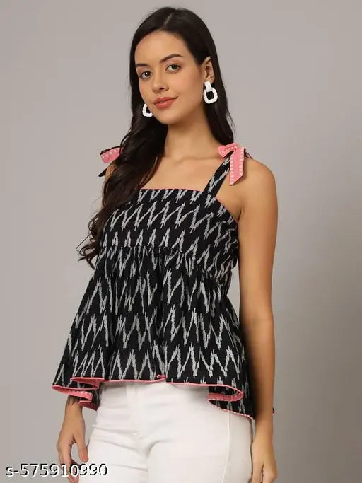 FABRIC FITOOR Trendy Black Ikat Printed Cotton Flared Sleeveless Top for Women(Black)
