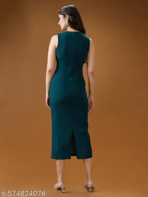 Globus Women Green One Shoulder Twisted Detail Back Slit Midi Bodycon Party Dress