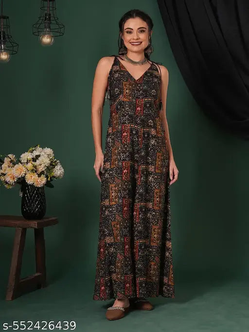 Globus Women Blue V-Neck Tassel Tie-Up Shoulder Straps Ethnic Floral Print Flared Fusion Jumpsuit