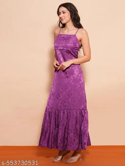 Globus Women Purple Square Neck Strappy Shoulder Ethnic Self Design Back Button Detail Fit & Flare Maxi Party Dress