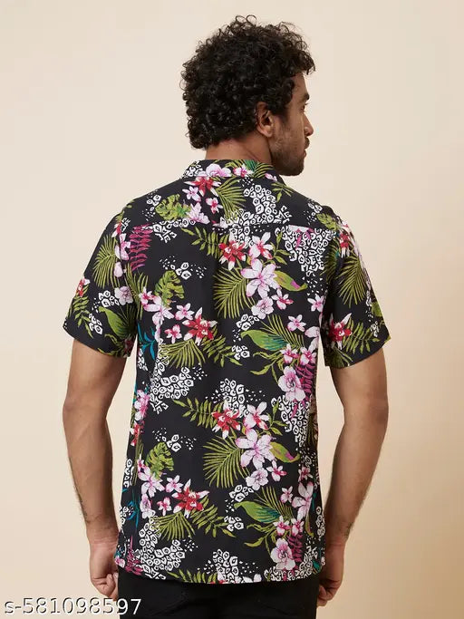 Globus Men Black Floral Printed Regular Fit Casual Resort Shirt