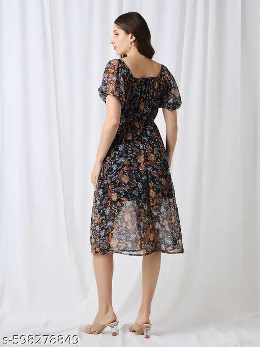 Globus Women Blue Square Neck Puff Sleeves Floral Print Tie-Up Detail Fit & Flare Midi Dress