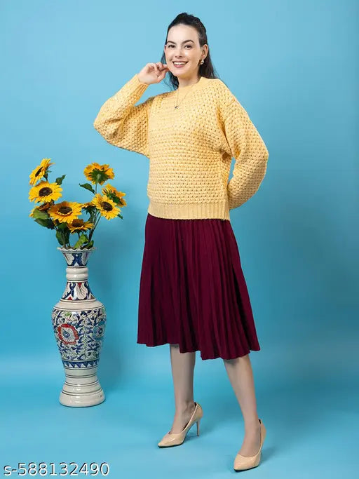 Wear Lusso Women’s Knitted Textured Turtle Neck Full Sleeve Winter Pullover Yellow Sweater