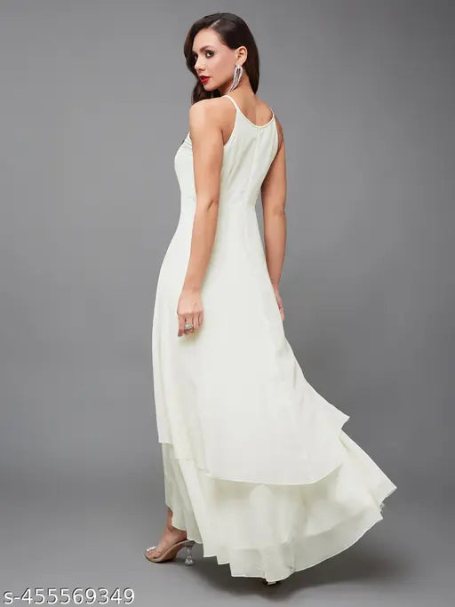 Miss Chase Women's Off White Round Neck Sleeveless Solid Embellished Maxi Dress