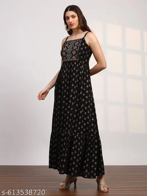 Globus Women Black Ethnic Print Embroidered Detail Square Neck Shoulder Strap Fit and Flare Maxi Dress