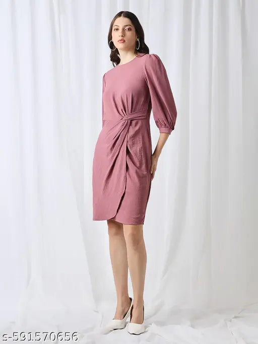 Globus Women Pink Round Neck Puff Sleeves Self Design Twisted Detail Mini Workwear Sheath Dress