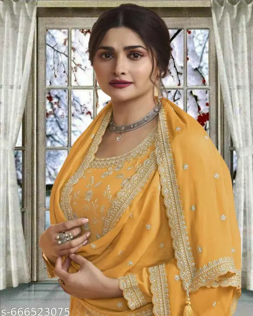 Embroidered Semi-Stitched Partywear Wedding Set-DB522-Yellow