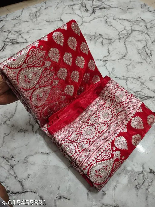Luxury Banarasi Silk Patola Bridal Saree in Red with Heavy Stone Work and Zari Border