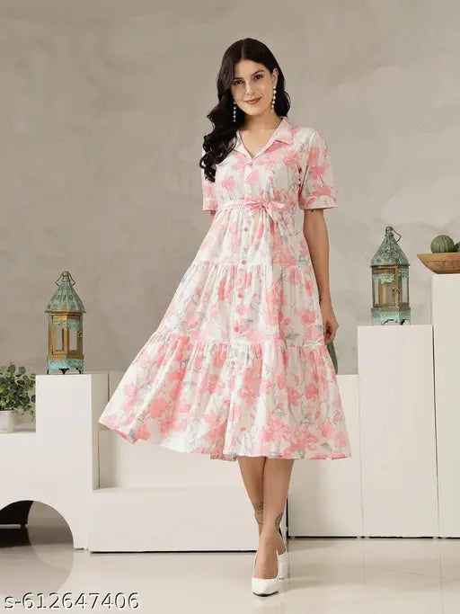 Honky Tonky Pink & White Floral Printed Tiered Dress for Women