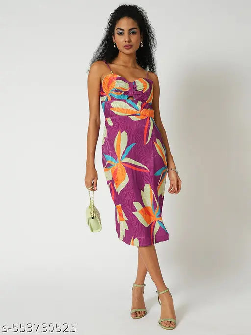 Globus Women Purple Floral Print Neck Strappy Shoulder Cut-Out Detail Midi Bodycon Party Dress