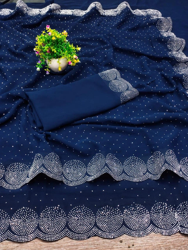 Georgette Embellished Saree for Women (Navy Blue, 6.3 m)