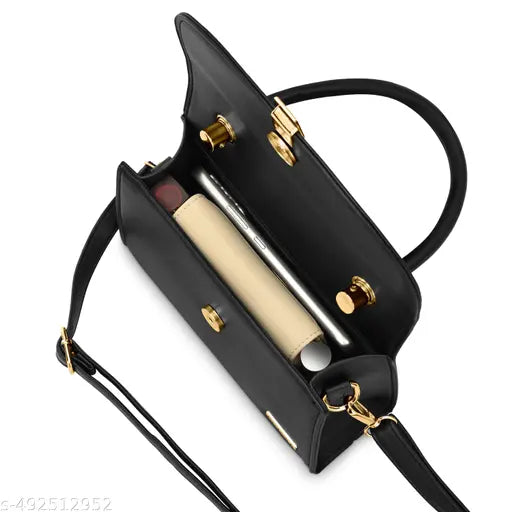 Fastrack Black Solid PU Structured Handheld Bag For Women with Detachable Sling Strap with Button closure