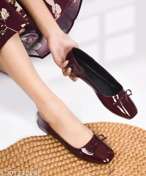 Women Glossy squre Toe Ballerina Flats Featuring Delicate Front Bow Detail and Cushioned Insole Support