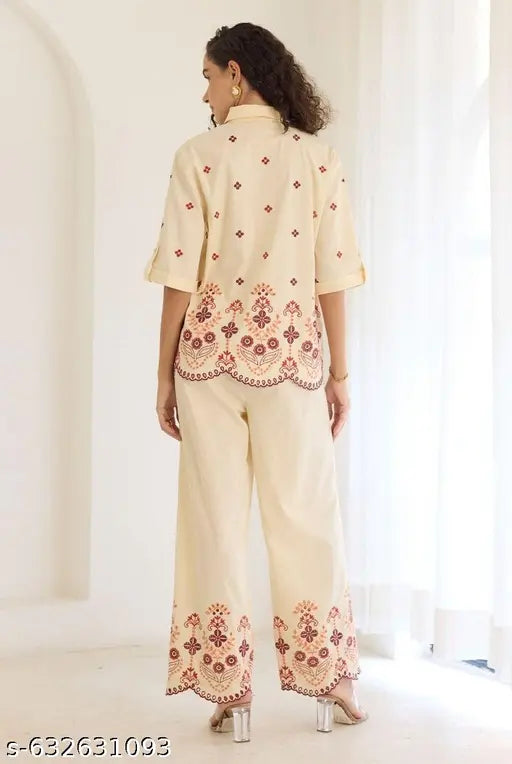 Elegant Cream Co-Ord Set for Women | Designer Rayon Shirt & Pant Set | Stylish Printed Ethnic Casual Wear Outfit
