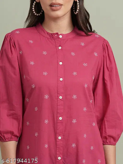 Globus Women Pink Round Neck Puff Sleeves Floral Embroidered Tiered Flared Hem Midi A-Line Dress