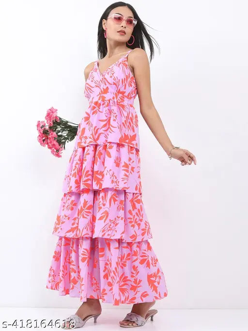 Ketch Women's Floral Fit and Flare Round Neck Pink Dresses