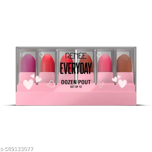 RENEE Everyday Dozen Pout Mini Lipsticks | Creamy Texture, Matte Finish, Long-Lasting | With Shea Butter, Almond Oil & Vitamin E | Hydrates & Softens Lips | Travel-Friendly, Set of 12 | 14.4 g