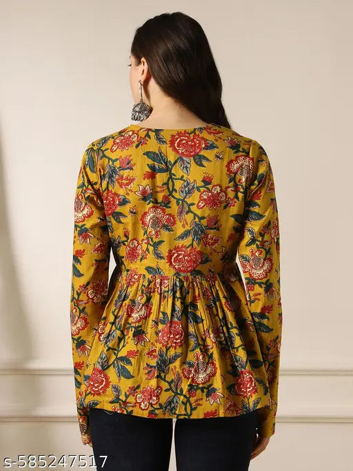 Globus Women Mustard Embroidered & Mirror Work Detail V-Neck Long Sleeves Floral Print A-Line Aliya Cut Tunic