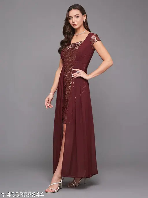 Miss Chase Women's Wine Embellished Fit & Flare Maxi Dress