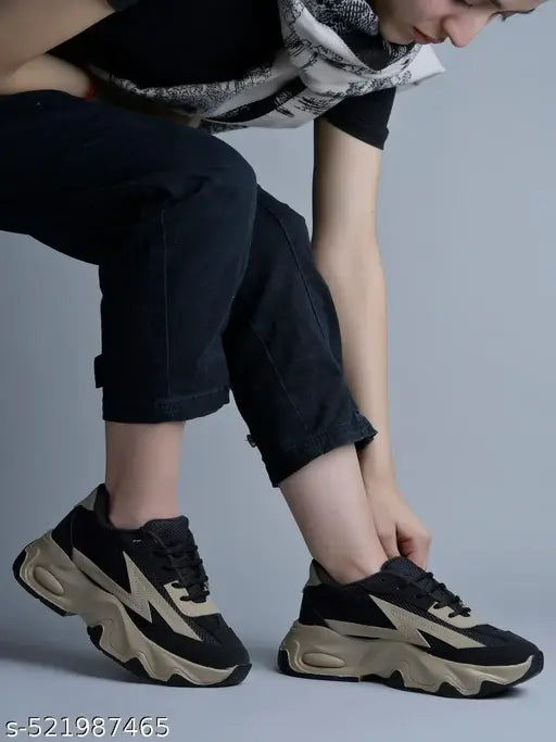 Women's  Chunky Sneakers Casual Shoe Fashionable Running Walking Gym Shoes for Women's & Girl's 2 Inch Height - (Black-Beige)