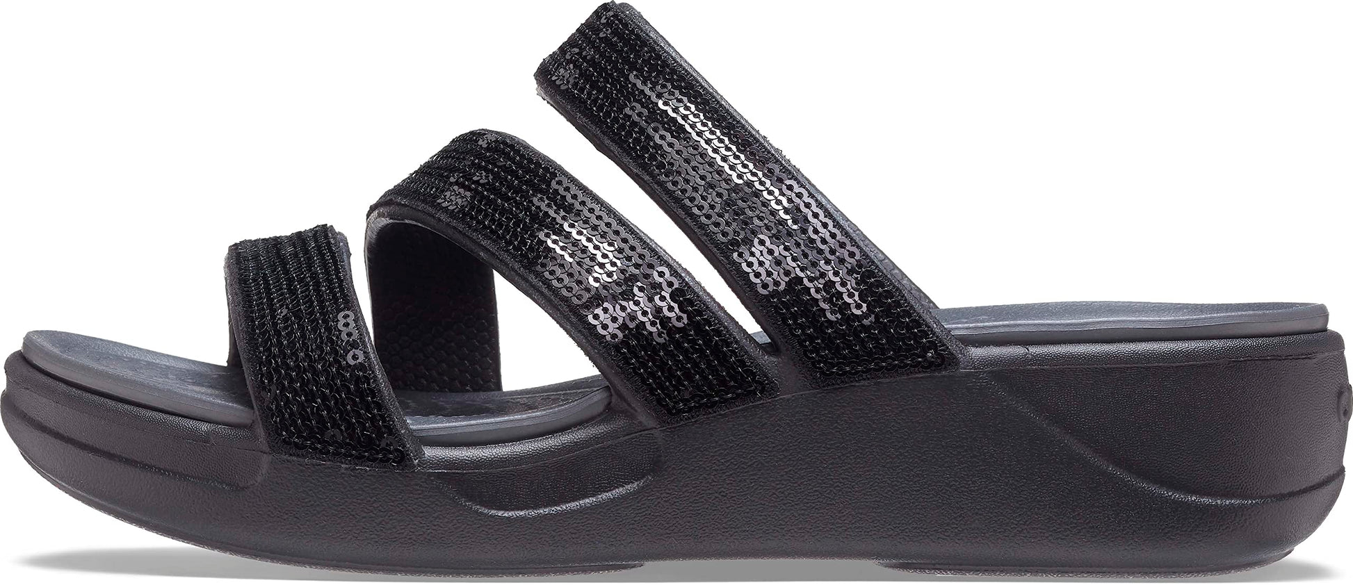 crocs womens Boca Sequin Strappy Wedge Black Sandal 