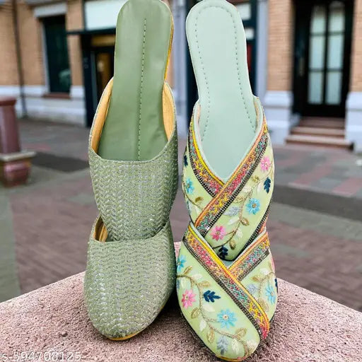 Women’s Stylish Green Jutti & Embroidered Rajasthani Mojari Combo, Designer Punjabi Jutti for Girls, Traditional Wedding Party Wear Footwear, Comfortable Slip-On Ethnic Flats, Trendy Daily Wear & Festive Wear & Affordable Stylish Footwear Collection Must-