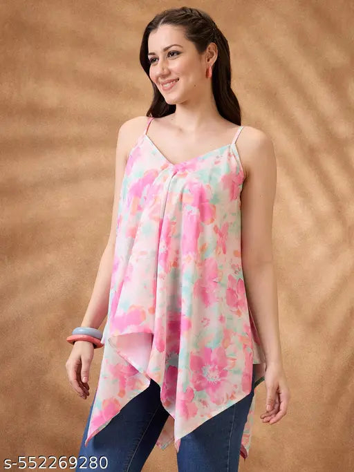 Globus Women Pink V-Neck Strappy Shoulder Floral Print Asymmetric Hem Fusion Tunic
