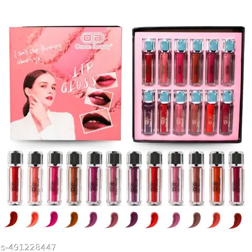 Ocean Beauty Professional 12pc Piece Long Lasting Liquid Lipstick Set Tint Oil Gloss Korean Lipsticks In Waterproof For Girls And Women Cute Combo Set Multicolor Nude Shade Red Pink Brown Matte Finish.