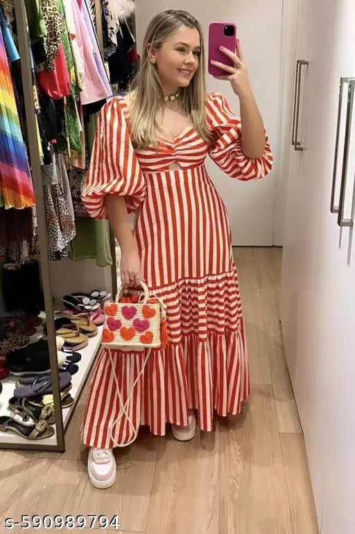 Honky Tonky Red & White Striped Puff Sleeve Maxi Dress