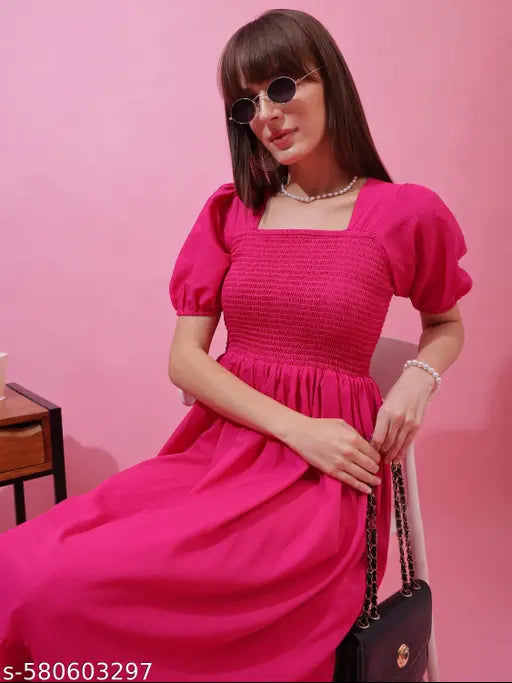 Honky Tonky Pink Solid Smocked Fit & Flare Midi Dress with Puff Sleeves